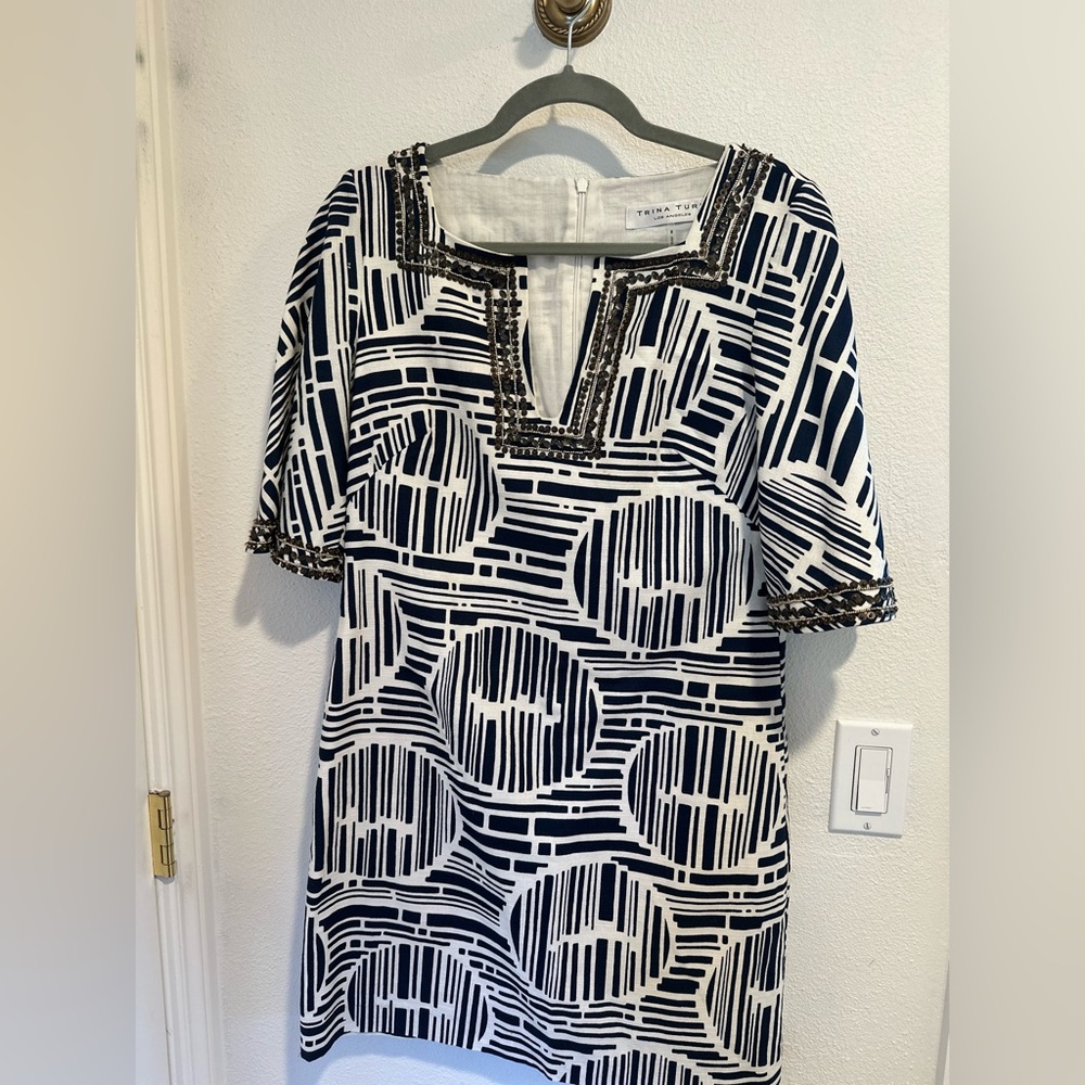 Trina Turk Navy and White Graphic Dress